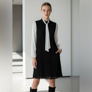 DKNY Pleated Black & White Crepe Dress